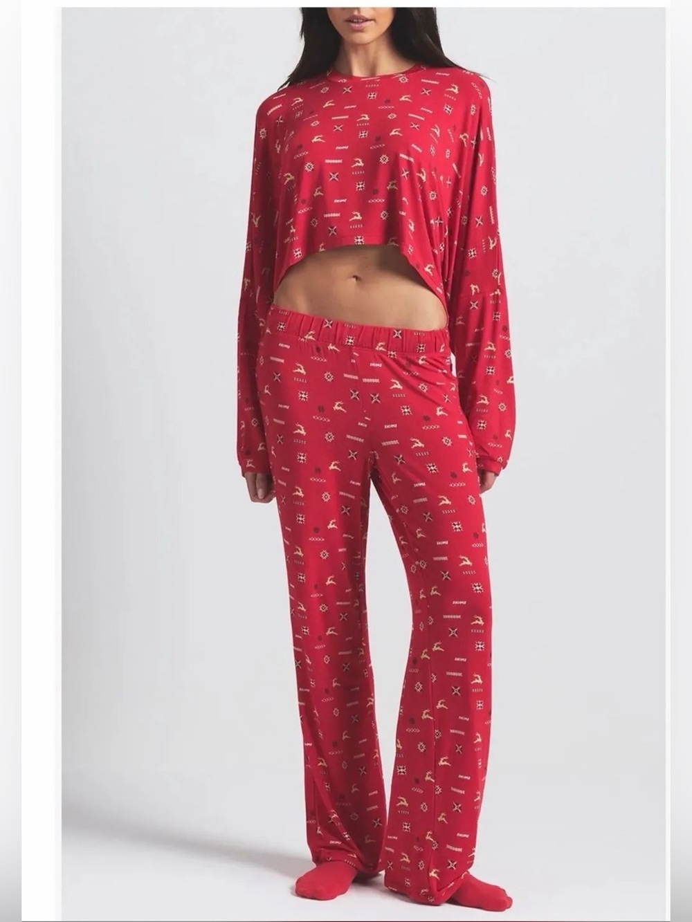 SKIMS Holiday Collection Red Patterned Cropped Long-Sleeve Pajama Set